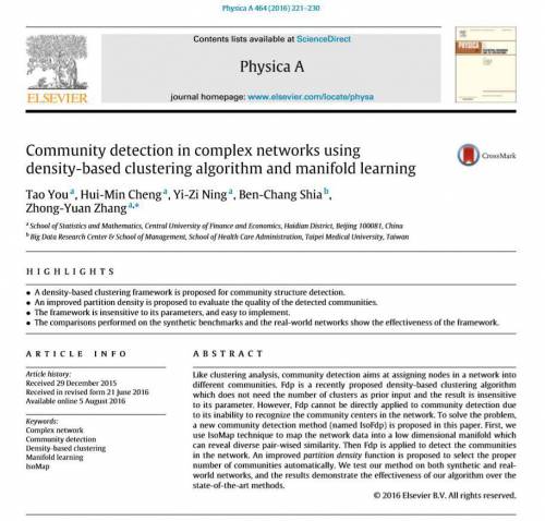 Community detection in complex networks using density based clustering algorithm and manifold learning
